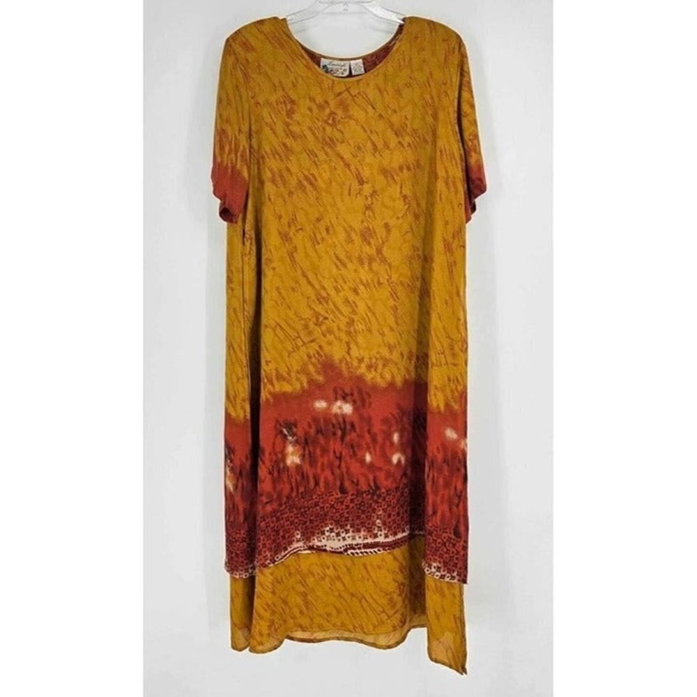 Freestyle Original Collection Abstract Yellow Burnt Orange Layered Dress Large